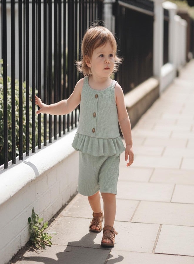 Brvxia Toddler Girl Clothes Baby Summer Outfits Sleeveless Square Collar Ruffled Tank Tops Bow Shorts 2 Pieces Set (Green, 2-3T) - Image 4
