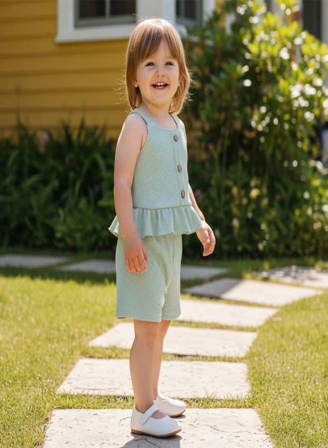 Brvxia Toddler Girl Clothes Baby Summer Outfits Sleeveless Square Collar Ruffled Tank Tops Bow Shorts 2 Pieces Set (Green, 2-3T) - Image 2