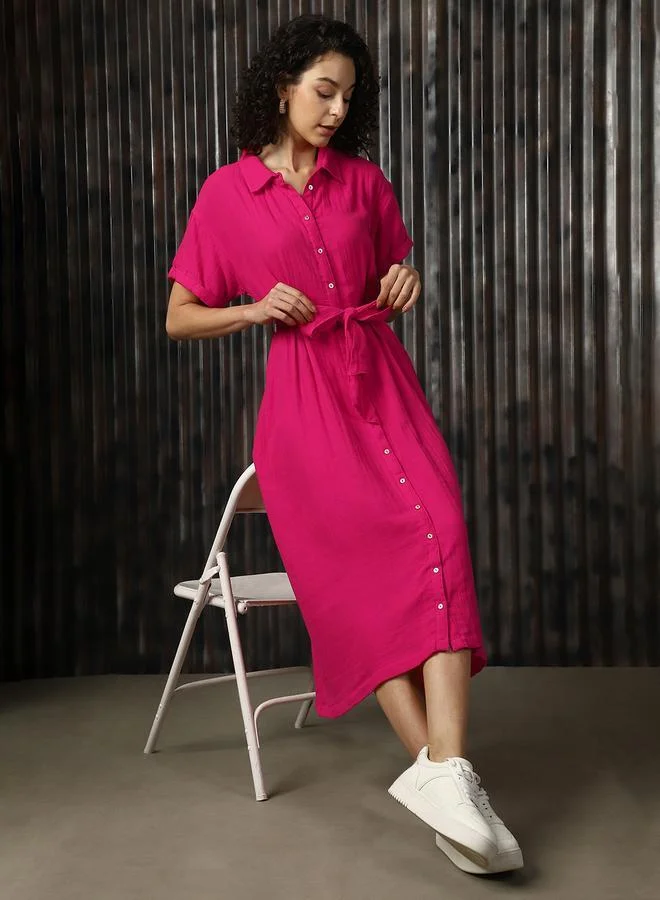 Women'S Pink 100% Cotton Solid Pattern Regular Length Oversized Dress