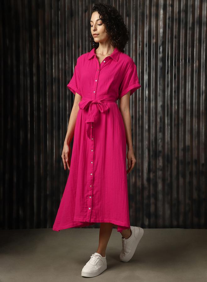HIGH STAR Women'S Pink 100% Cotton Solid Pattern Regular Length Oversized Dress - Image 3