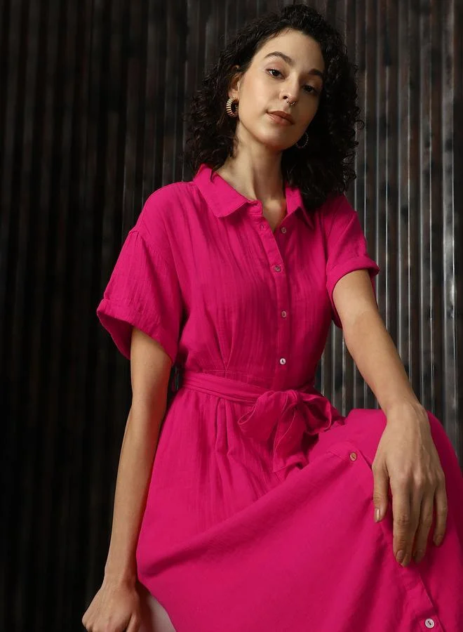 HIGH STAR Women'S Pink 100% Cotton Solid Pattern Regular Length Oversized Dress