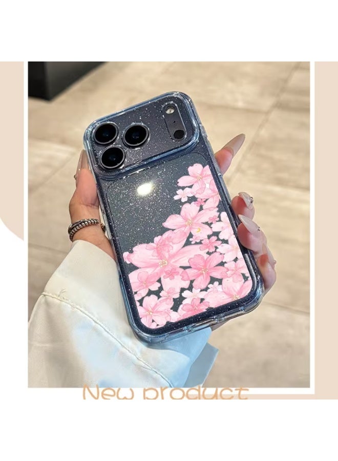 Temu A clear, glossy phone case with a pink floral pattern, compatible with the iPhone 17 Pro.