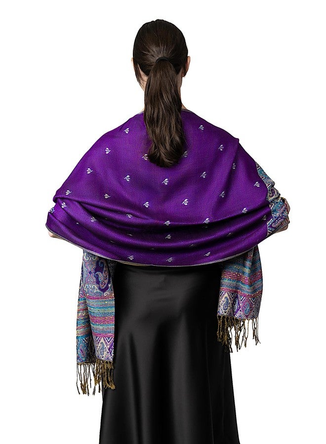 Achillea Reversible Bohemian Paisley Pashmina Ethnic Tribal Border Shawl Wrap Scarf (Purple) - Image 5