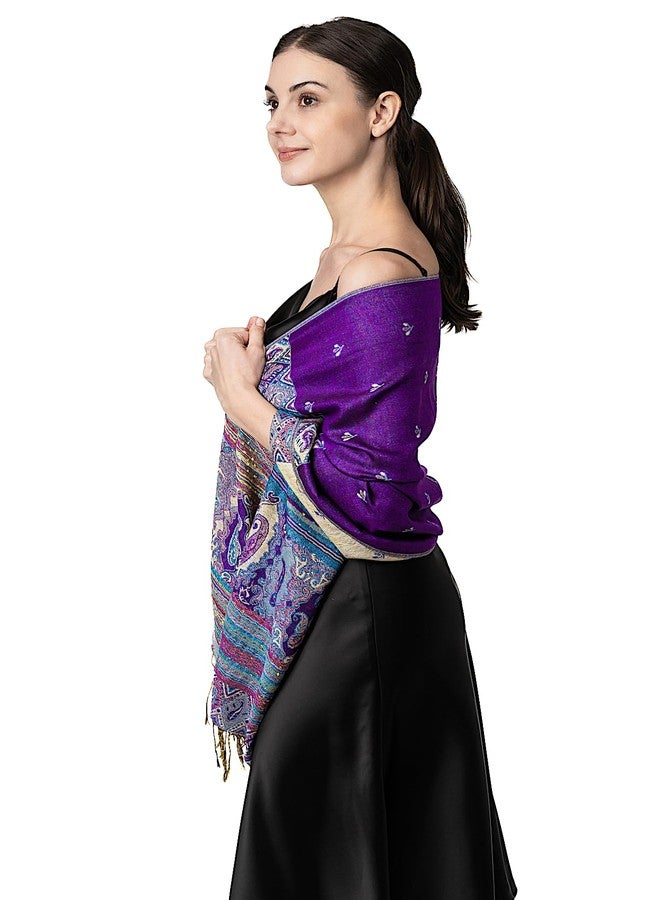 Achillea Reversible Bohemian Paisley Pashmina Ethnic Tribal Border Shawl Wrap Scarf (Purple) - Image 3