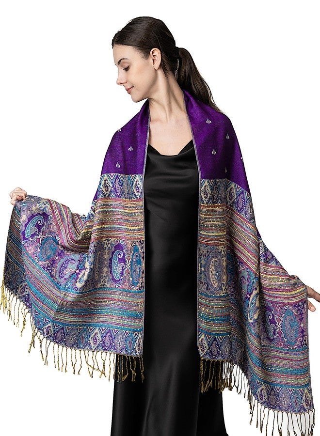 Achillea Reversible Bohemian Paisley Pashmina Ethnic Tribal Border Shawl Wrap Scarf (Purple) - Image 2