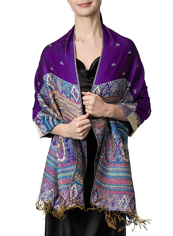 Achillea Reversible Bohemian Paisley Pashmina Ethnic Tribal Border Shawl Wrap Scarf (Purple) - Image 1
