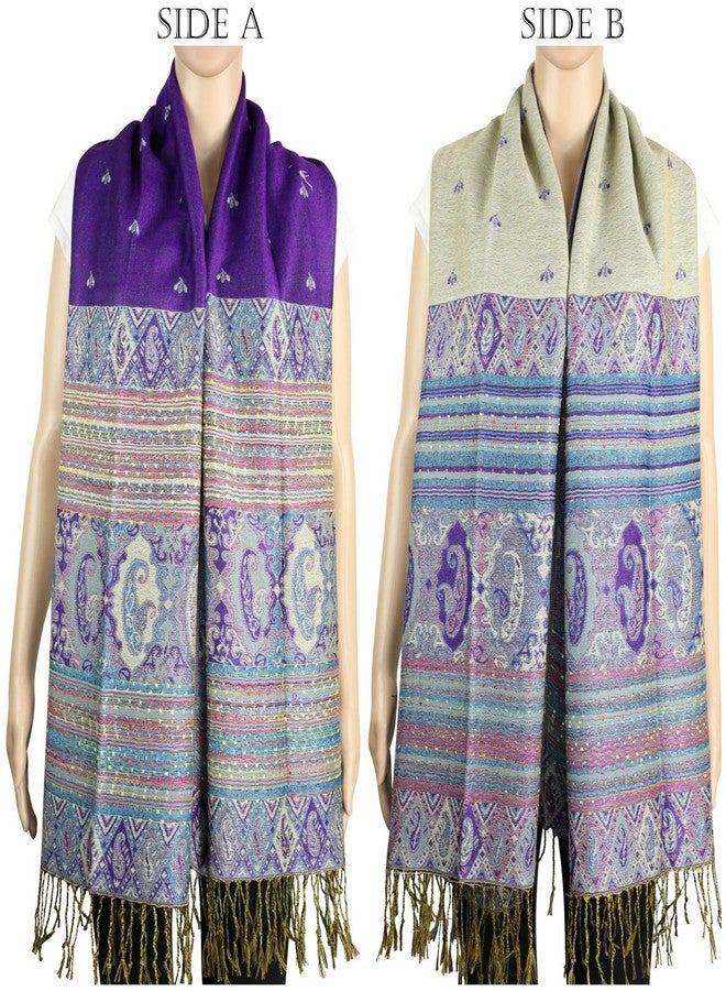 Achillea Reversible Bohemian Paisley Pashmina Ethnic Tribal Border Shawl Wrap Scarf (Purple) - Image 4