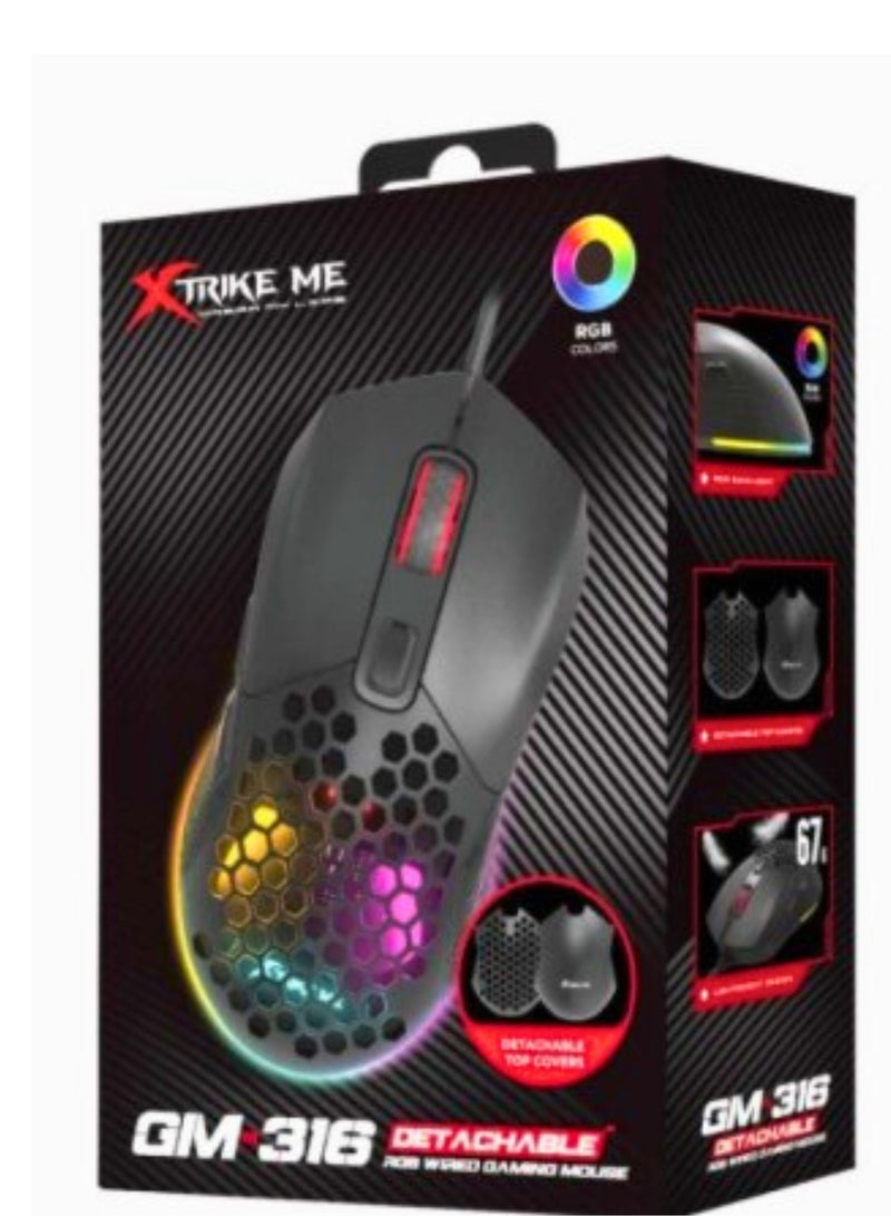 XTRIKE ME GM316 RGB Gaming Mouse - Optical Sensor 7,200 DPI - Detachable Top Covers - Lightweight Only 67G (Black)  - Image 2