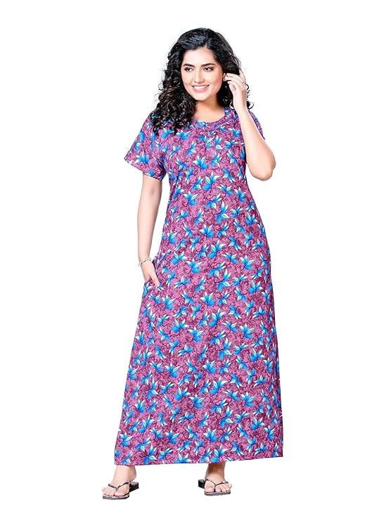 Keyocean Women's Cotton Printed Maxi Night Gown Nighty (Pack of 4) White, Beige, Grey & Purple - Image 5
