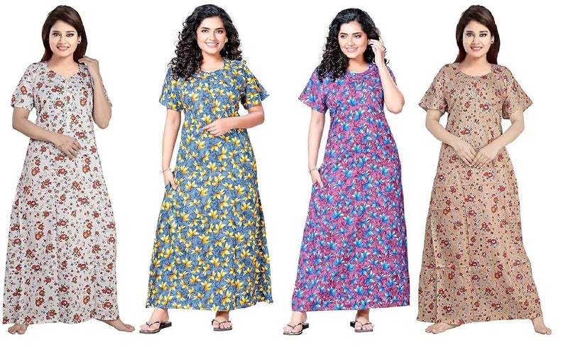 Keyocean Women's Cotton Printed Maxi Night Gown Nighty (Pack of 4) White, Beige, Grey & Purple - Image 1
