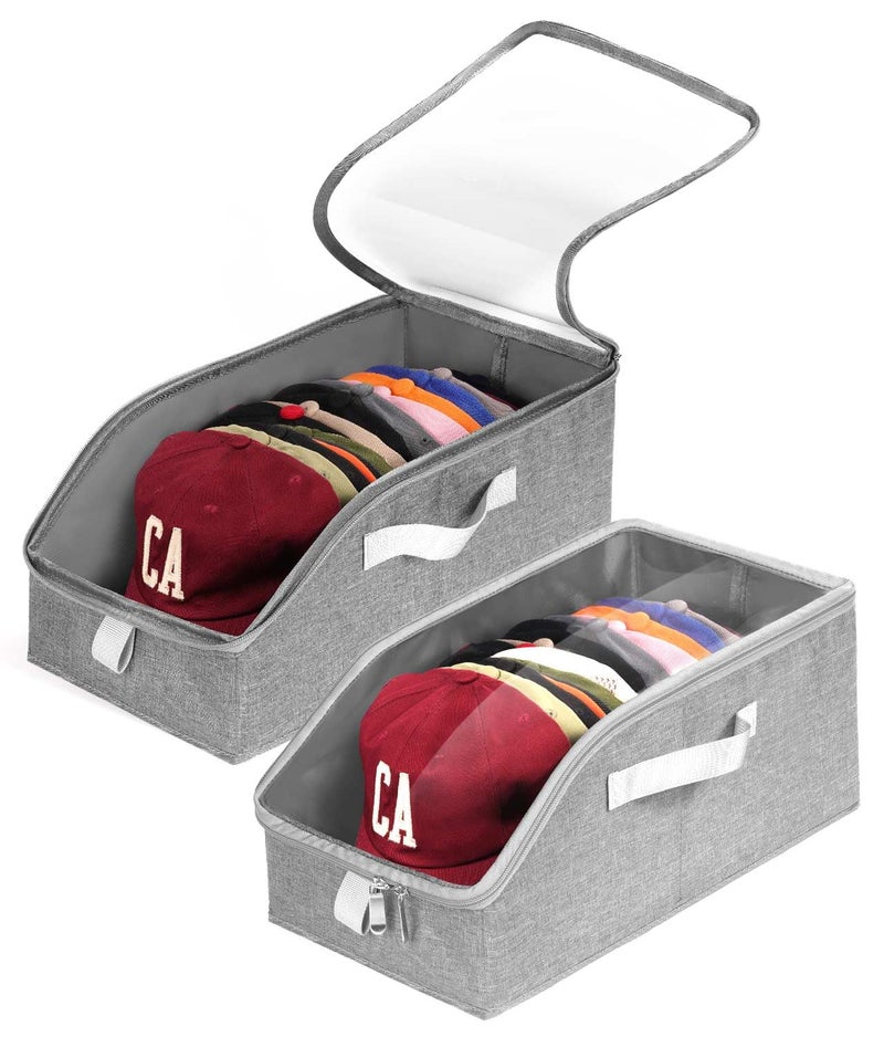 Livelab Hat Organizer for Baseball Caps, Hat Storage Holder Container for Closet Hold Up to 24 Caps with Clear Window, Hat Boxes for Home Storage | 2Pcs Grey - Image 1