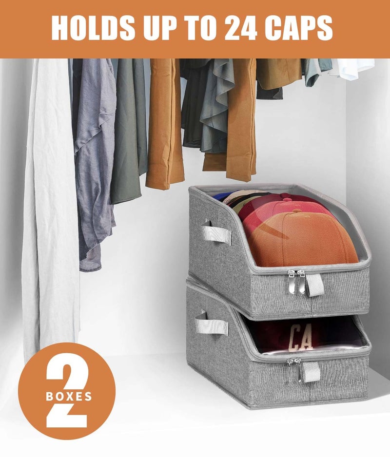 Livelab Hat Organizer for Baseball Caps, Hat Storage Holder Container for Closet Hold Up to 24 Caps with Clear Window, Hat Boxes for Home Storage | 2Pcs Grey - Image 2