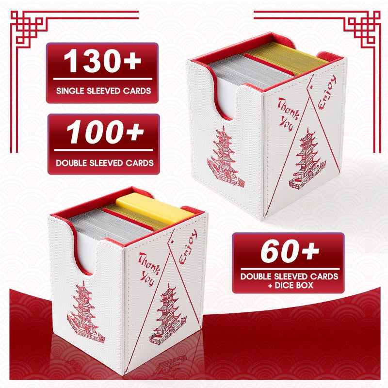 Venssu Chinese Takeout MTG Deck Box  Commander Deck Case Fits 100 Double Sleeved Cards  PU Leather Storage Box with 2 Dividers(Bright Red and White)  Compatible with TCG/PTCG/EDH/Magic/Sport Cards - Image 2