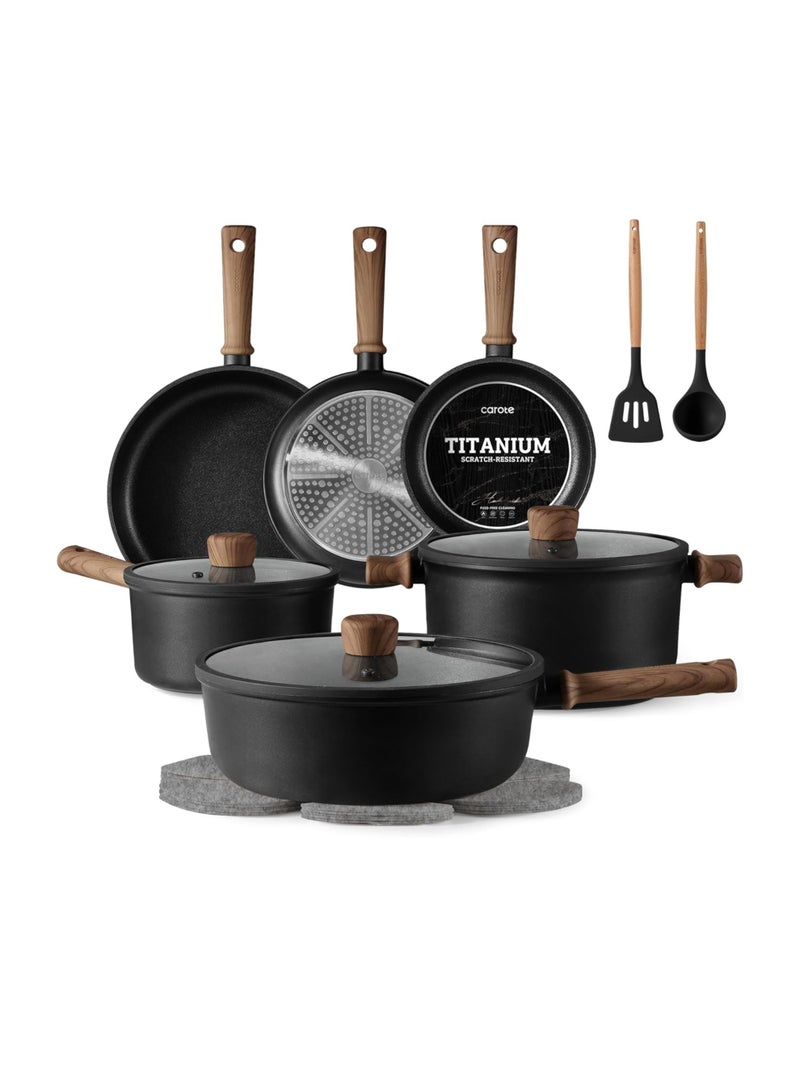 Carote 16-Piece Titanium Non Stick Cookware Set – Scratch-Resistant, Induction & Gas Compatible, Space Saving Kitchen Pots and Pans with Lids, PFOA & PFOS Free, Non Toxic, Hokkaido Collection, Black - Image 1