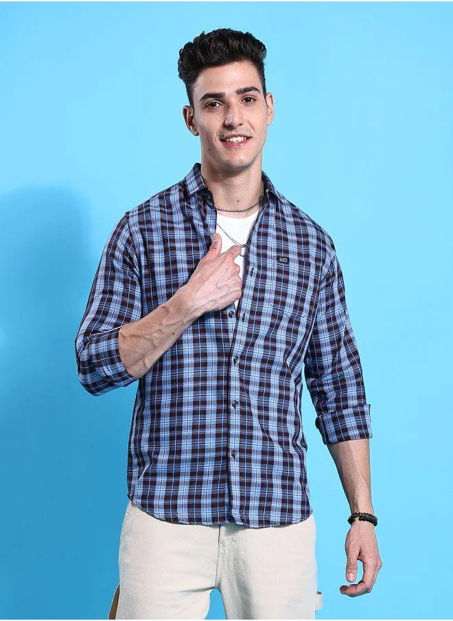 شركة المرآب الهندية Men Slim Fit Checkered Full Sleeves Spread Collar Casual Shirt