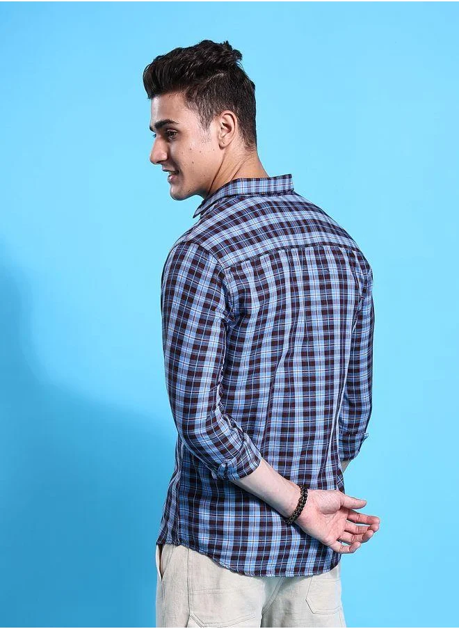 شركة المرآب الهندية Men Slim Fit Checkered Full Sleeves Spread Collar Casual Shirt