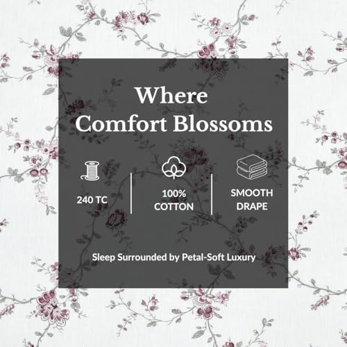 Plumora Queen Size Fitted Bedsheet Cotton with Elastic, 100% Pure Cotton Double Bed Fitted Sheet with 2 Pillow Covers, 240 TC, 60×78 Inches up to 8-inch Mattress, Floral Design – (Floral Purple) - Image 2