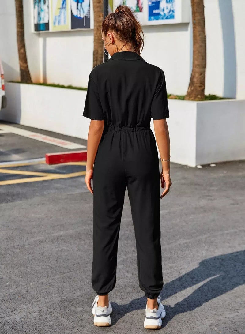 Solid Drawstring Waist Shirt Jumpsuit Without Bag - Image 1