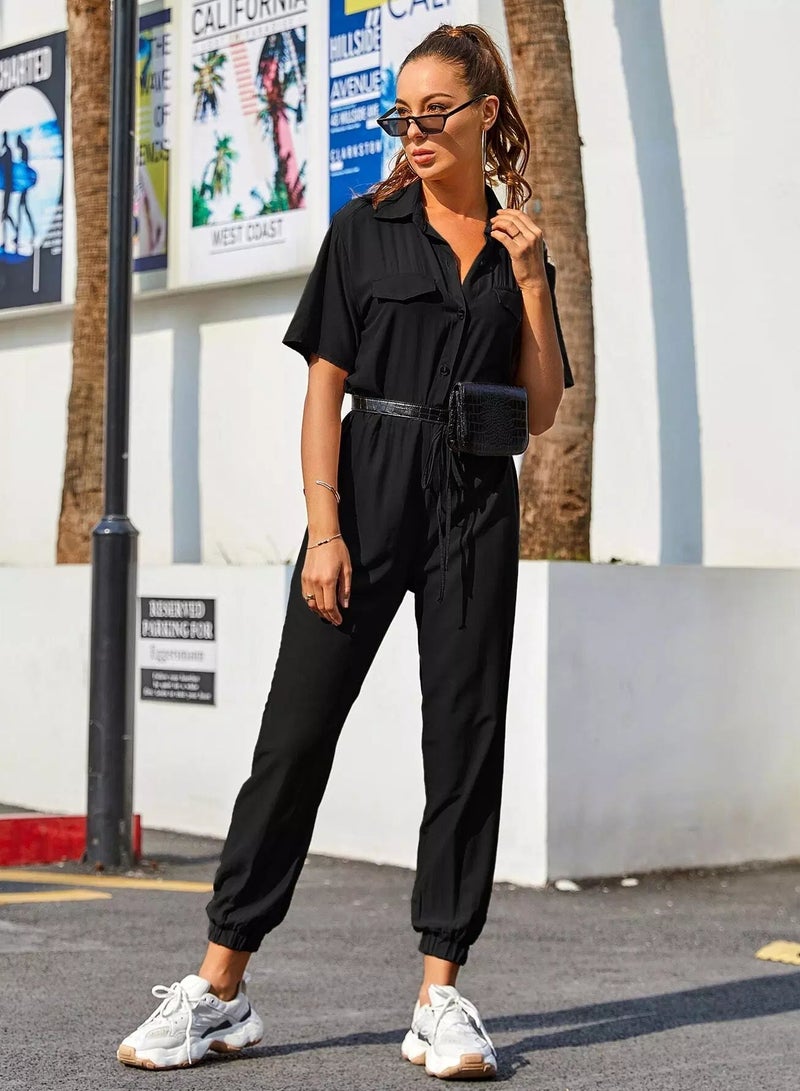 Solid Drawstring Waist Shirt Jumpsuit Without Bag - Image 3