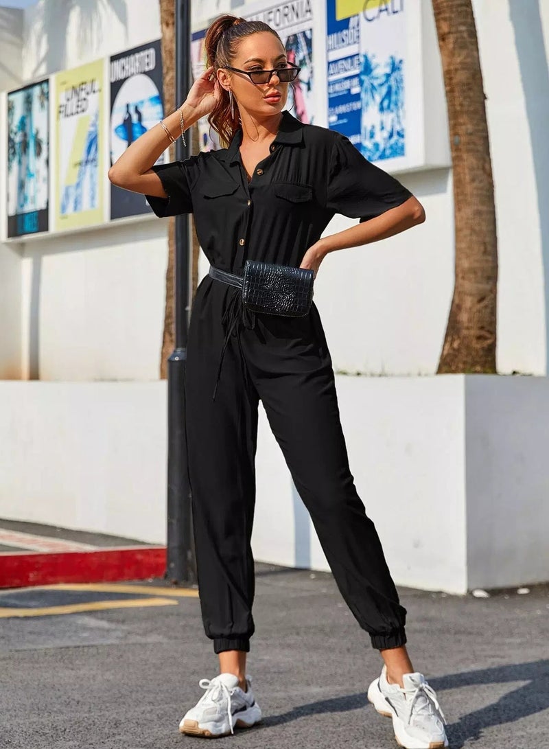 Solid Drawstring Waist Shirt Jumpsuit Without Bag - Image 2