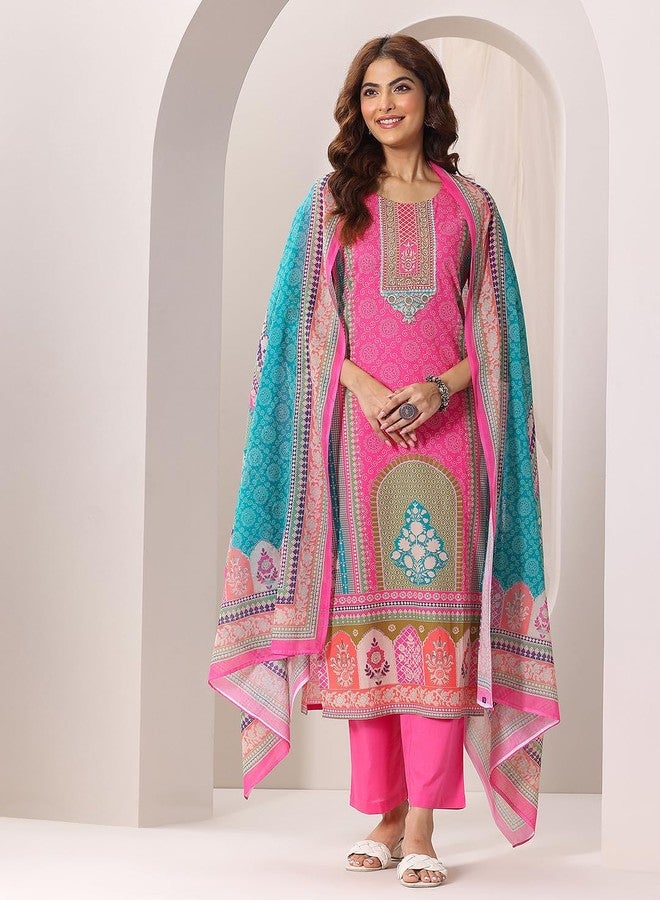 Libas Womens Printed Cotton Straight Kurta With Trousers and Dupatta - Image 3
