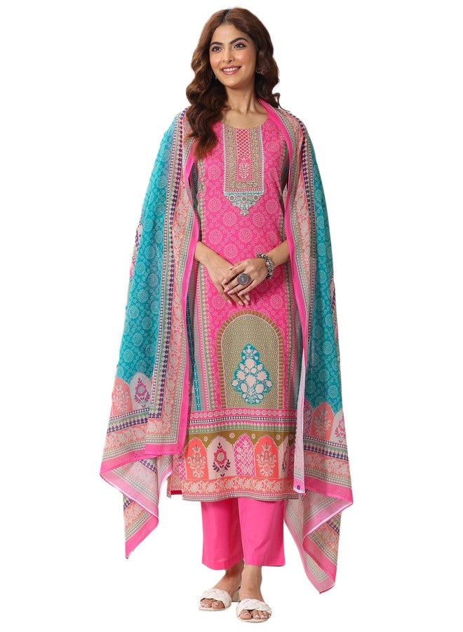 Libas Womens Printed Cotton Straight Kurta With Trousers and Dupatta - Image 1