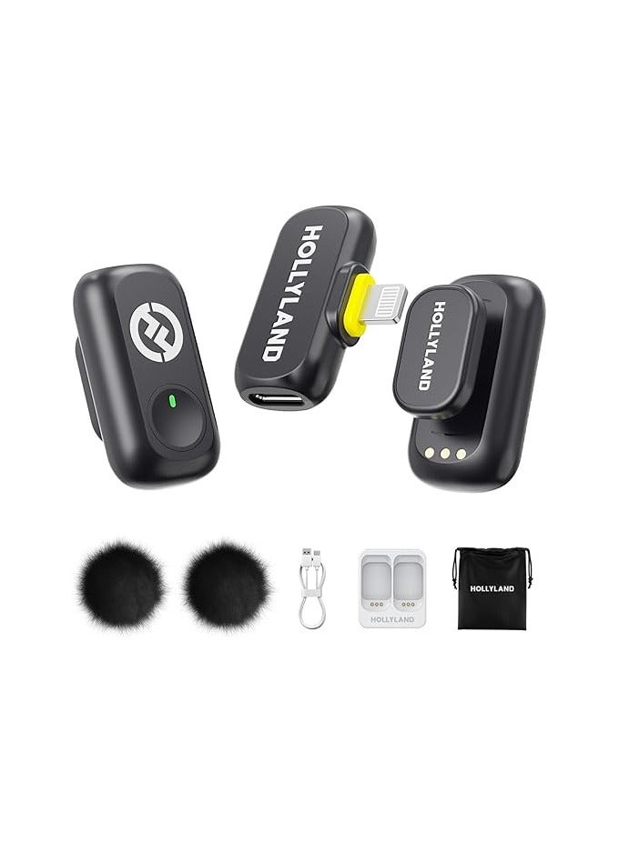 Hollyland LARK A1 Mini Duo 2‑Person Wireless Microphone System with Lightning Connector – Ultra-Compact 48 kHz/24‑Bit, 120 dB SPL, 3‑Level Noise Cancellation, Charging Dock