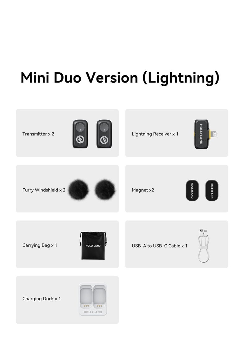 Hollyland LARK A1 Mini Duo 2‑Person Wireless Microphone System with Lightning Connector – Ultra-Compact 48 kHz/24‑Bit, 120 dB SPL, 3‑Level Noise Cancellation, Charging Dock