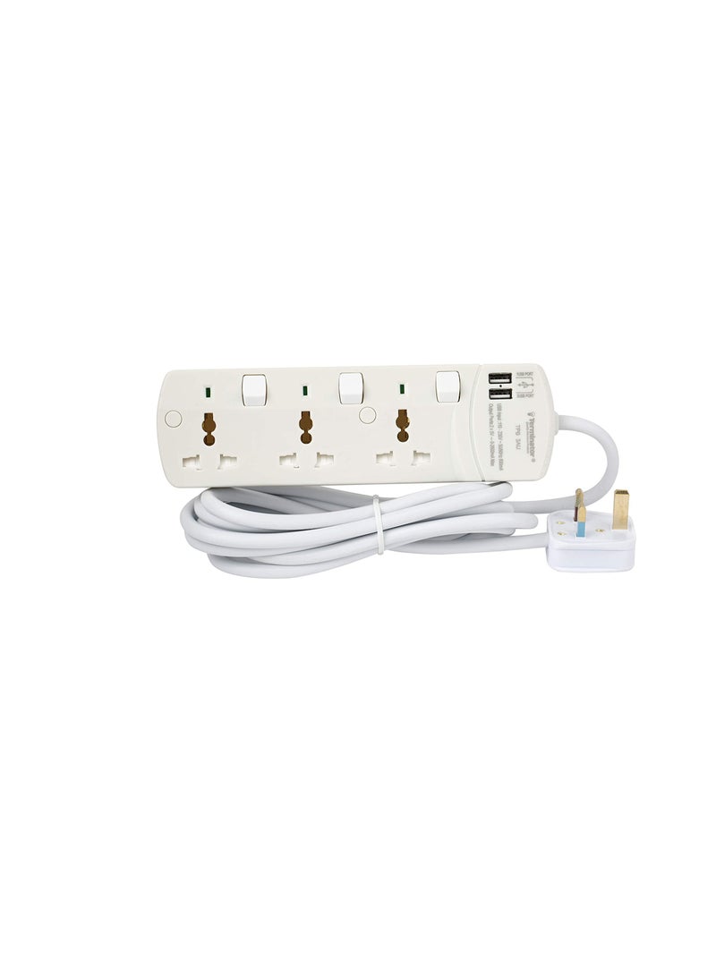 Terminator Extension 3G/3M + 2 USB TPB 3AU Universal Socket W/Individual Switches & Indicators Terminator, Multicolor, TRZ-TPB 3AU, Extension Socket  - Image 3