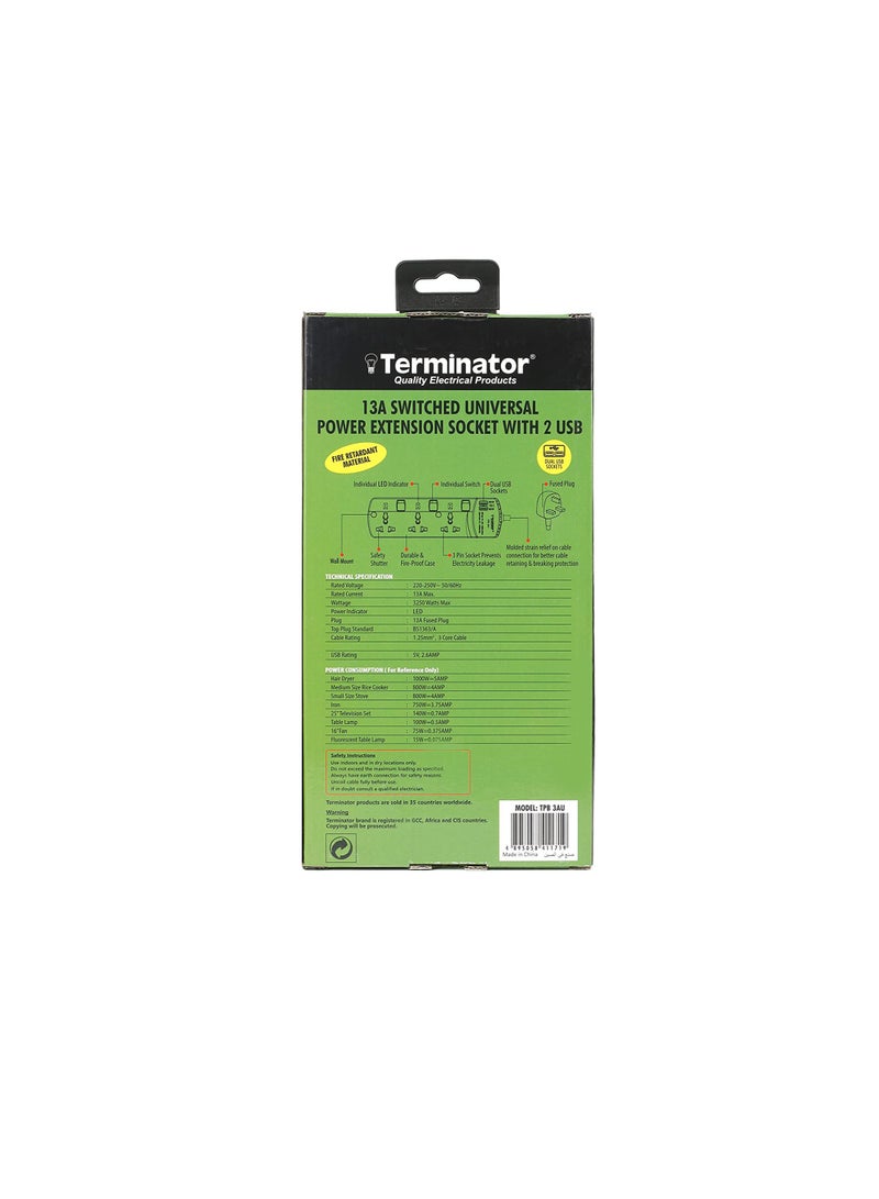 Terminator Extension 3G/3M + 2 USB TPB 3AU Universal Socket W/Individual Switches & Indicators Terminator, Multicolor, TRZ-TPB 3AU, Extension Socket  - Image 2