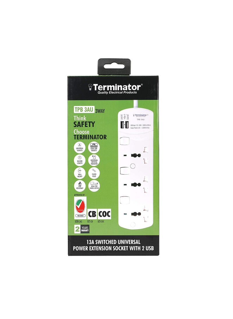 Terminator Extension 3G/3M + 2 USB TPB 3AU Universal Socket W/Individual Switches & Indicators Terminator, Multicolor, TRZ-TPB 3AU, Extension Socket  - Image 1