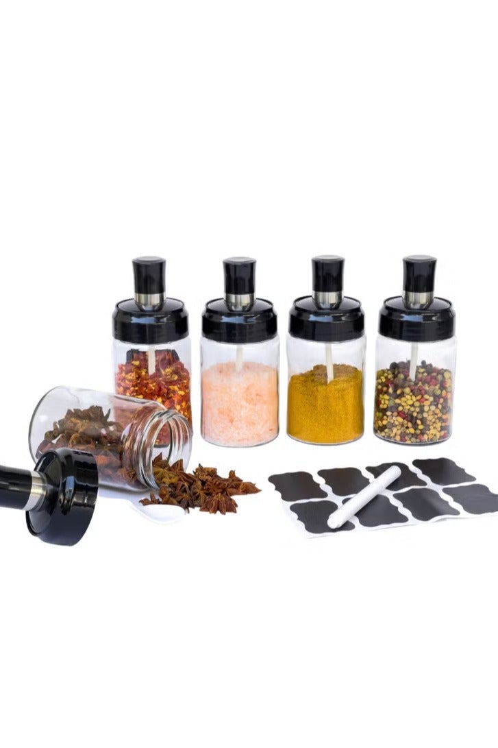 SARI SARI Borosilicate Set of 4 Glass Spice Jars with spoon cover for spice organizer, Condiment Pots with 8 waterproof spice jar labels and 1 marker, Seasoning bottle with Airtight Cap 250ml (8.45oz)