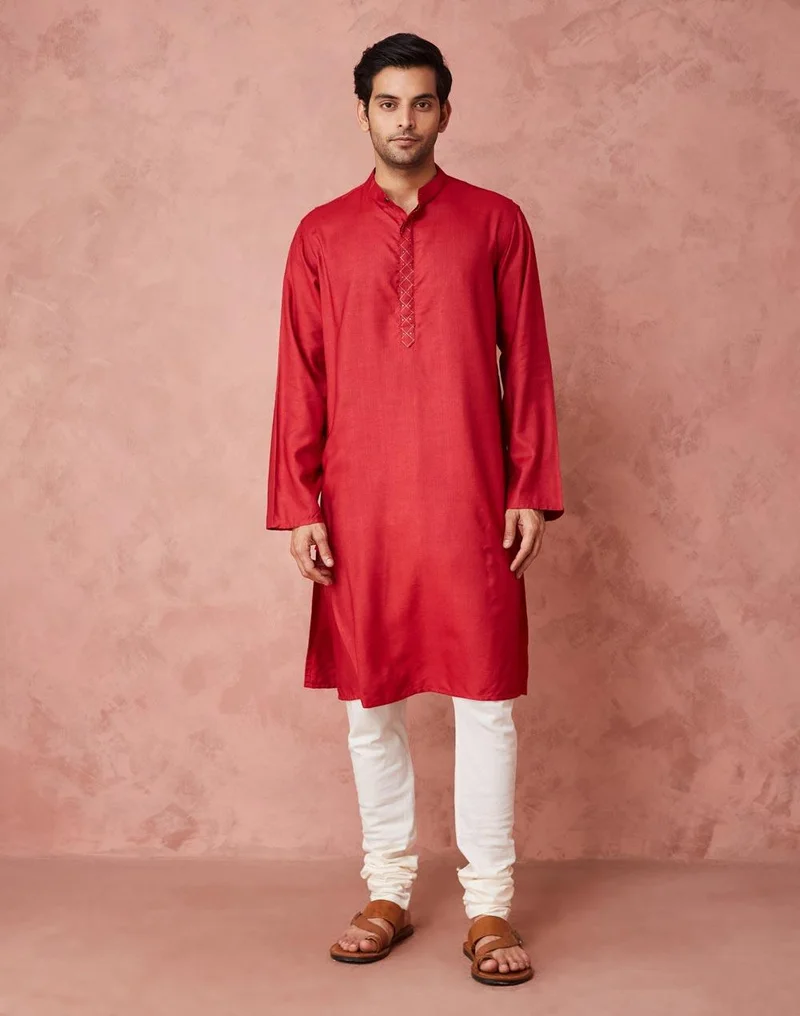 فاب انديا Red Viscose Silk Woven Long Kurta