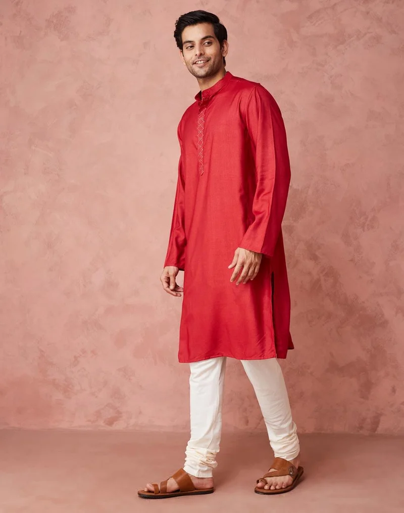 Fabindia  Red Viscose Silk Woven Long Kurta for Men | Best Price UAE