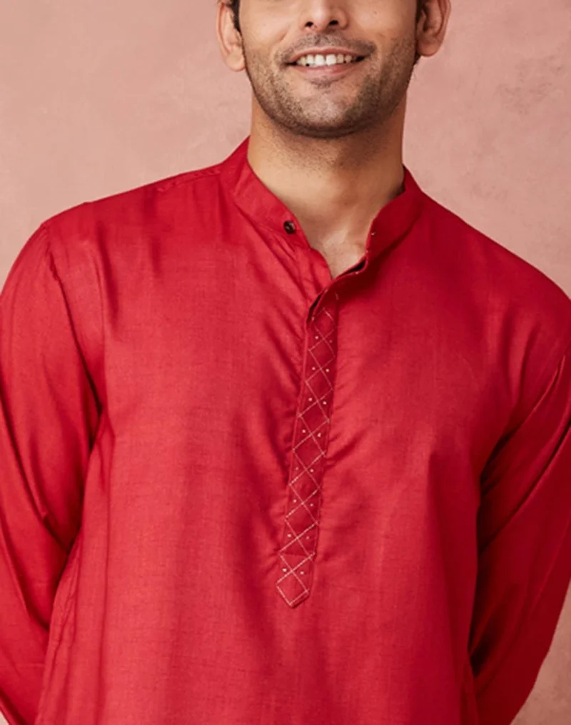 Fabindia  Red Viscose Silk Woven Long Kurta for Men | Best Price UAE