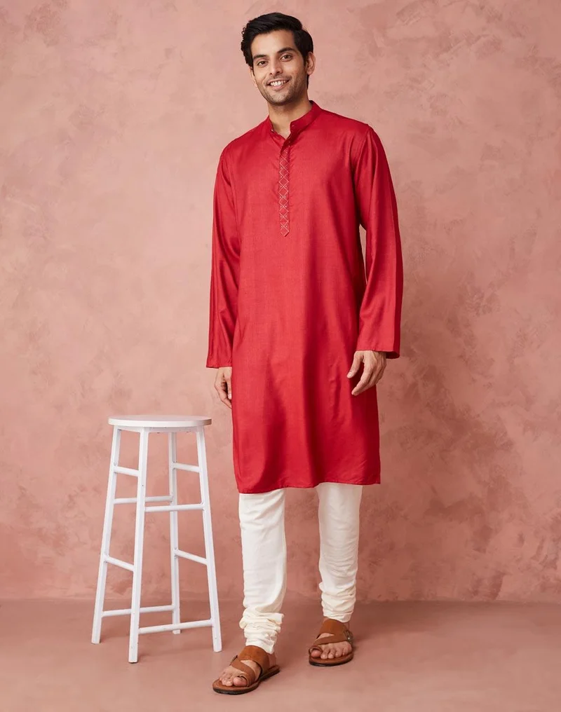 فاب انديا Red Viscose Silk Woven Long Kurta