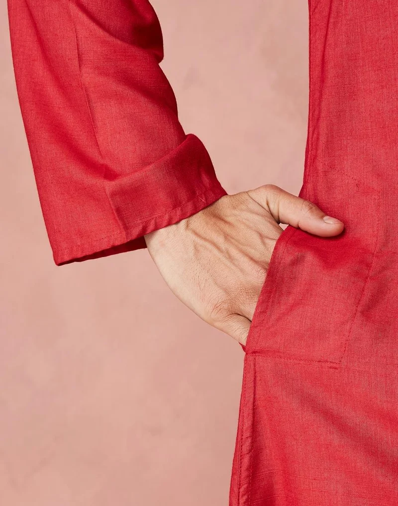 Fabindia  Red Viscose Silk Woven Long Kurta for Men | Best Price UAE