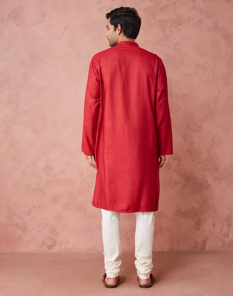 Fabindia  Red Viscose Silk Woven Long Kurta for Men | Best Price UAE