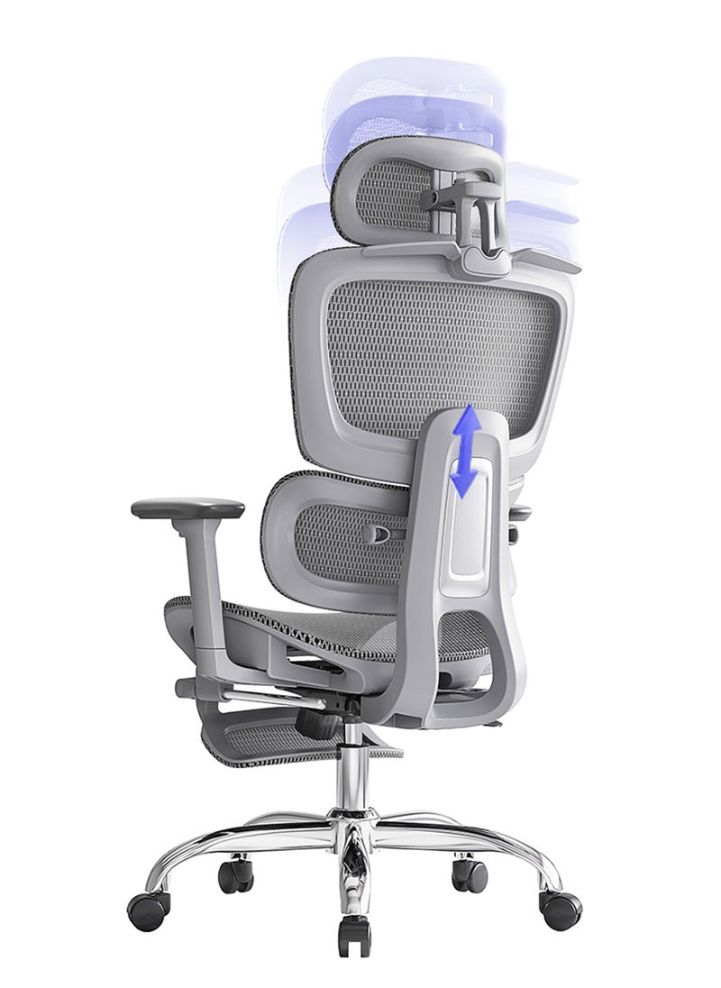 LarkLeaves Ergonomic Office/Gaming Chair with 5-Level Adjustable Footrest & Backrest & 2D Lumbar Support - 3D Armrests & Headrest - 145° Recline - Breathable Mesh Back & Seat, Grey  - Image 3