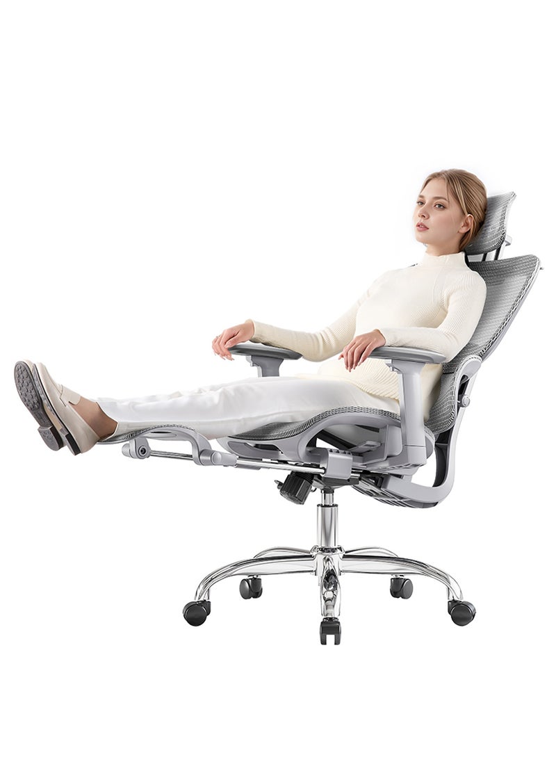LarkLeaves Ergonomic Office/Gaming Chair with 5-Level Adjustable Footrest & Backrest & 2D Lumbar Support - 3D Armrests & Headrest - 145° Recline - Breathable Mesh Back & Seat, Grey  - Image 4
