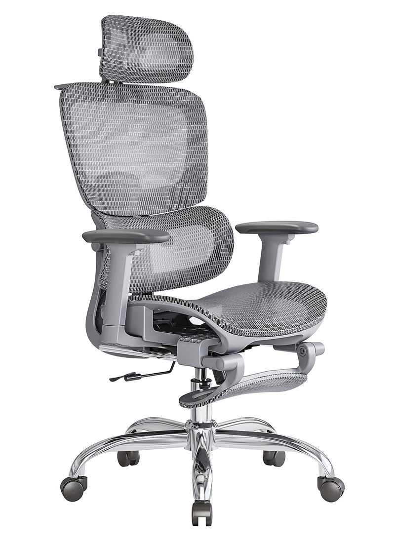 LarkLeaves Ergonomic Office/Gaming Chair with 5-Level Adjustable Footrest & Backrest & 2D Lumbar Support - 3D Armrests & Headrest - 145° Recline - Breathable Mesh Back & Seat, Grey  - Image 1