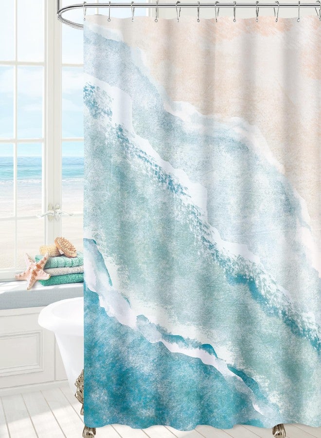 MAYZUS Beach Ocean Themed Shower Curtain, Teal Blue Cute Nautical Coastal Shower Curtains for Bathroom Decor, Summer Tropical Fabric Shower Curtain Set with Hooks, 72x72 - Image 1