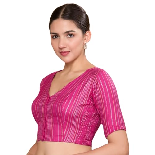 Studio Shringaar Women Cotton Half Sleeve Pink Handloom Striped Readymade Saree Blouse with Stretchable Sides(Pink, 34) - Image 1