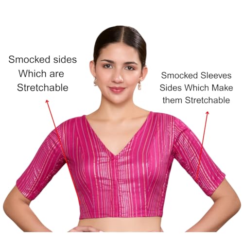 Studio Shringaar Women Cotton Half Sleeve Pink Handloom Striped Readymade Saree Blouse with Stretchable Sides(Pink, 34) - Image 2