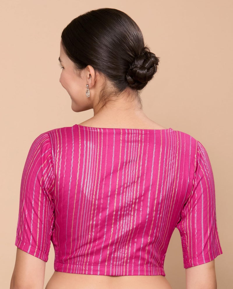 Studio Shringaar Women Cotton Half Sleeve Pink Handloom Striped Readymade Saree Blouse with Stretchable Sides(Pink, 34) - Image 3