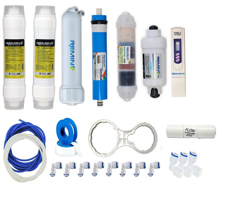Remino complete Ro purifier filter service kit of 100 GPD membrane water with all accessories (Full Service KIt With 02 Inline) - Image 1