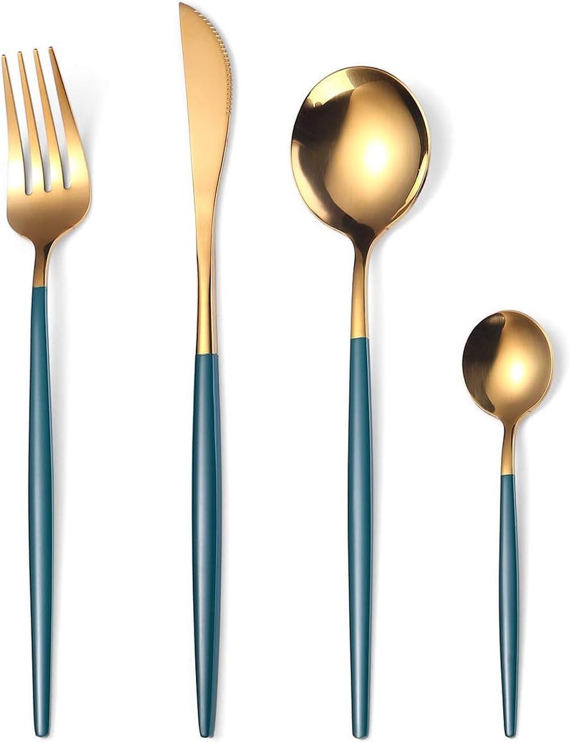 DLEST Luxury 4 Piece Gold Silverware Set with Dark Green Handle 1810 Polished Mirror Stainless Steel Tableware for Kitchen Restaurant Hotel Mirror Polished Dishwasher Safe - Image 1