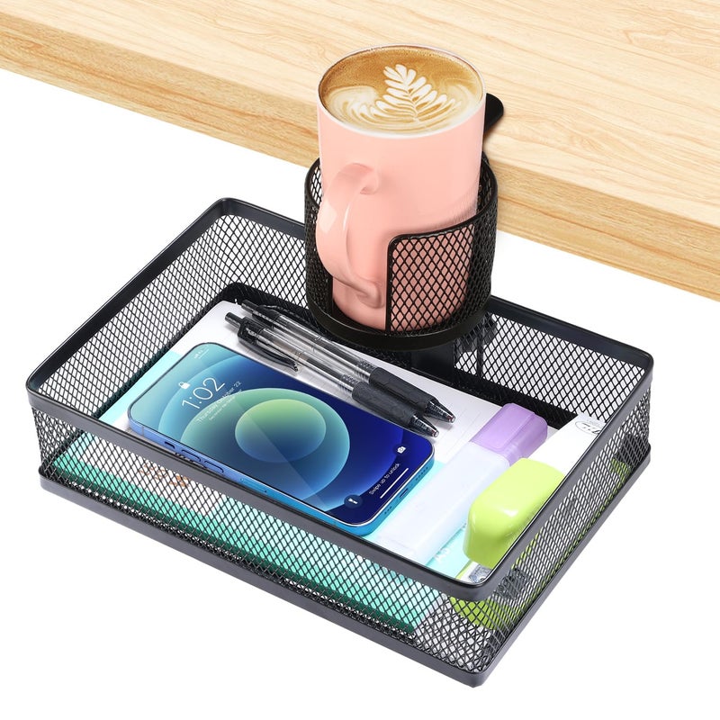 ROSYLINE 360°rotation under desk drawer, Drawer Under Desk Storage Organizer, Rotary Desk Storage Organizer with Cup Holder, Under Desk Storage, Clamp Drawer Basket, sturdy and durable (black) - Image 1