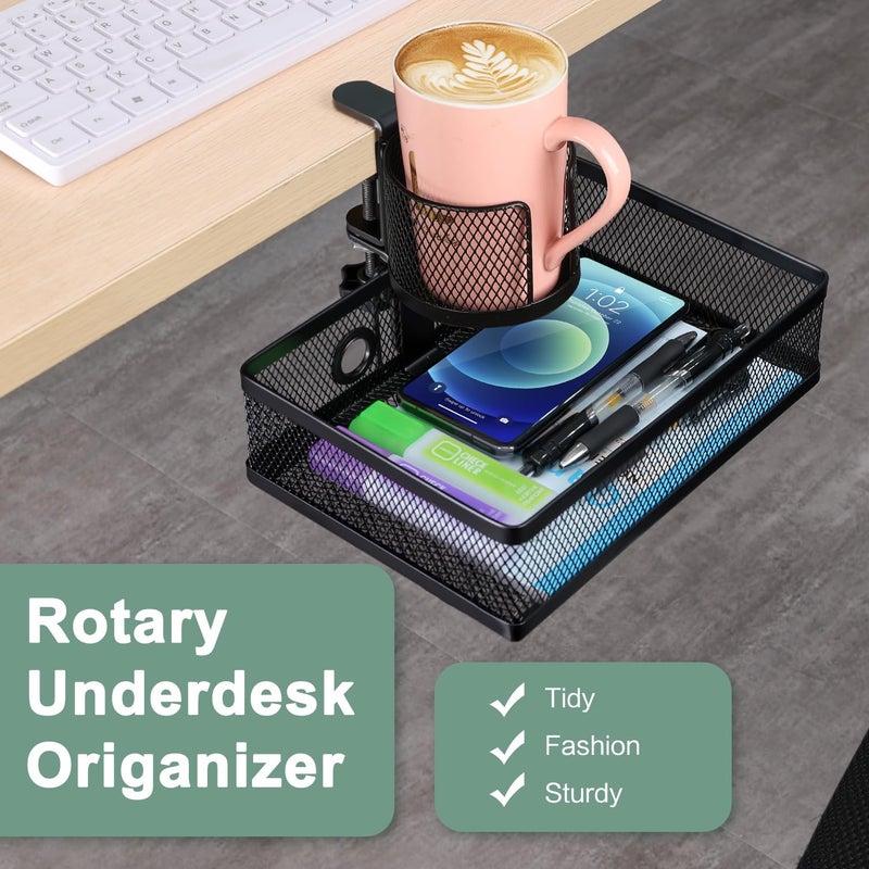 ROSYLINE 360°rotation under desk drawer, Drawer Under Desk Storage Organizer, Rotary Desk Storage Organizer with Cup Holder, Under Desk Storage, Clamp Drawer Basket, sturdy and durable (black) - Image 2