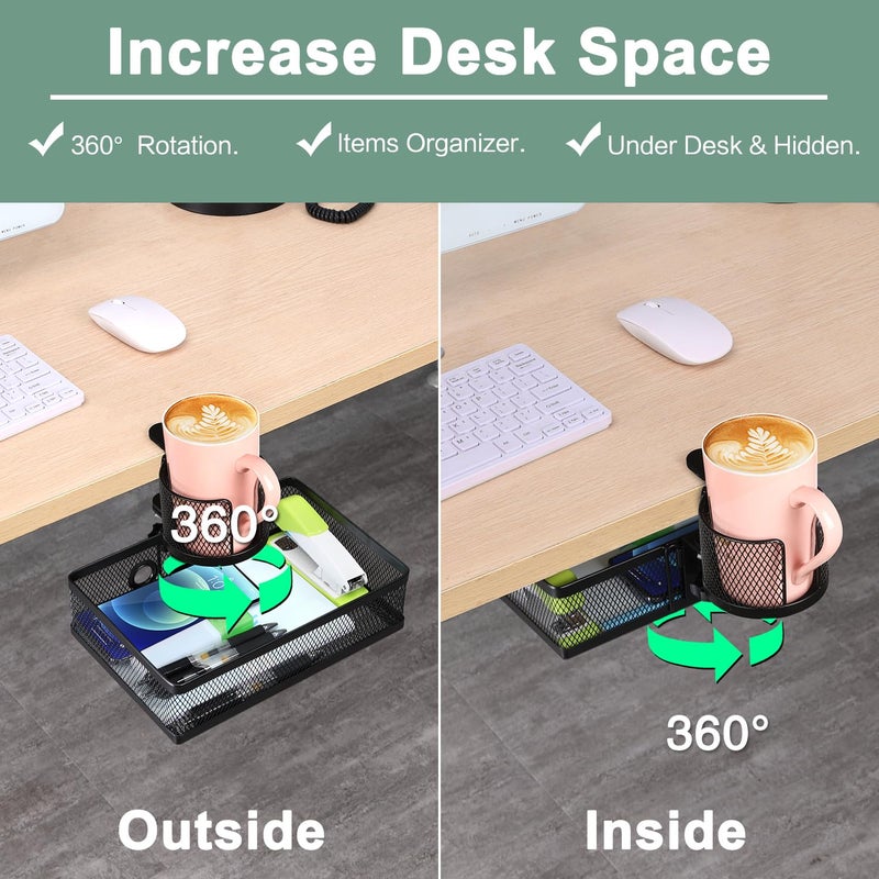 ROSYLINE 360°rotation under desk drawer, Drawer Under Desk Storage Organizer, Rotary Desk Storage Organizer with Cup Holder, Under Desk Storage, Clamp Drawer Basket, sturdy and durable (black) - Image 3